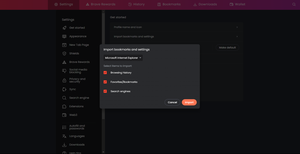 the settings interface for the brave browser. displays import settings for transferring data from other browsers.