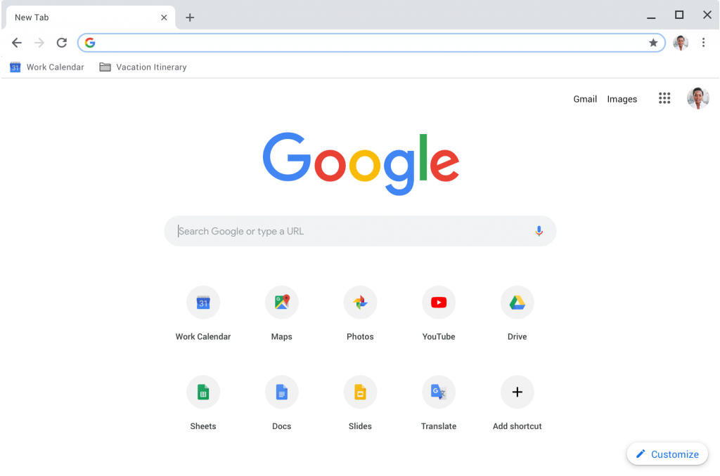 the google chrome browser homepage