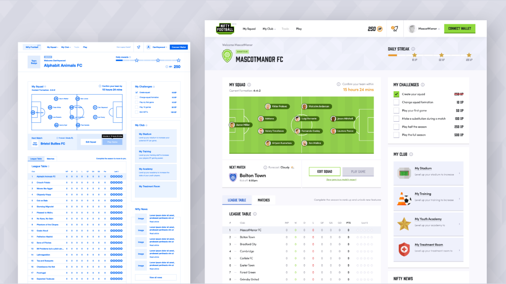 Nifty Football wireframes and UI