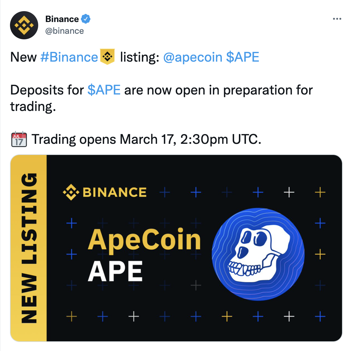 Binance tweet about ApeCoin