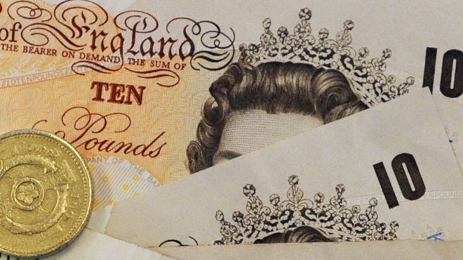 UK ten pound note and pound coin