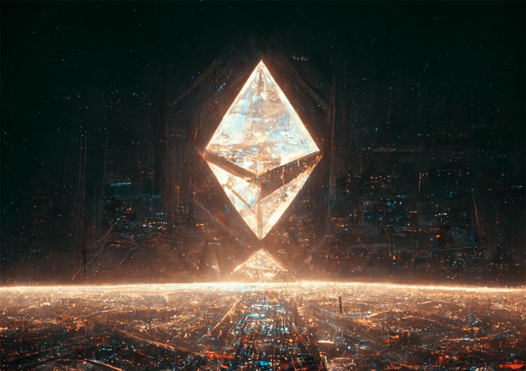 A science fiction-esque graphic depicting Ethereum