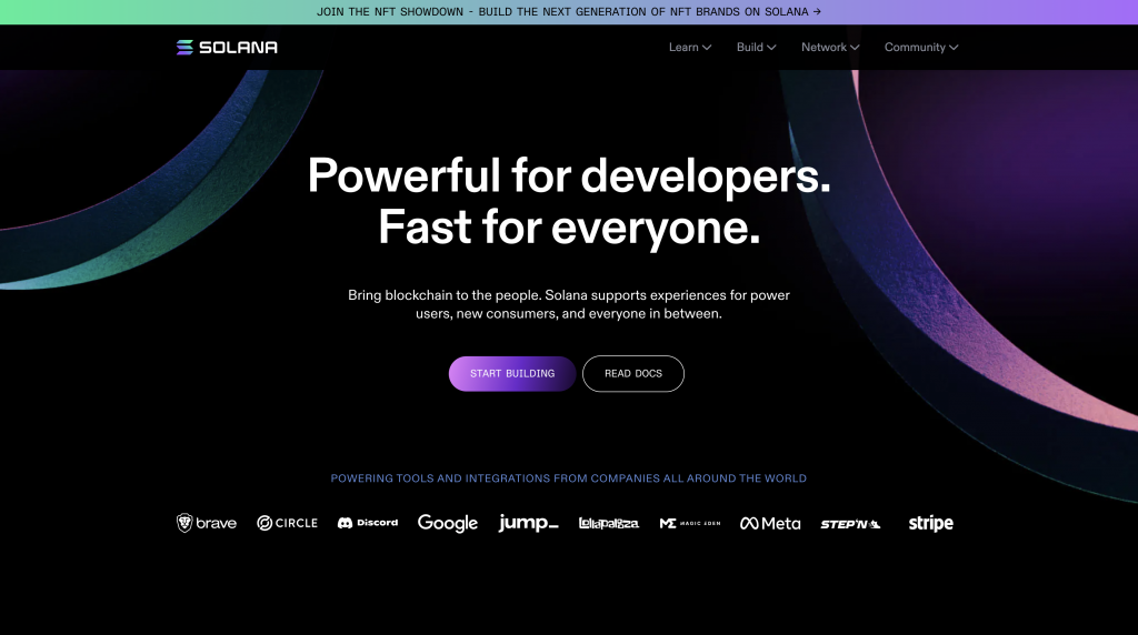 Screenshot of Solana landing page, the mission statement reads "Powerful for developers. Fast for everyone. Bring blockchain to the people. Solana supports experiences for power users, new consumers, and everyone in between."