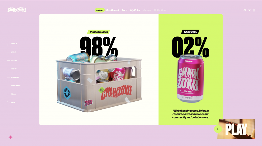 Chainzoku's held tokens versus public holders at 2% to 98% respectively, represented as a crate full of soda cans as the public holders versus a singular can on the side of the Chainzoku team