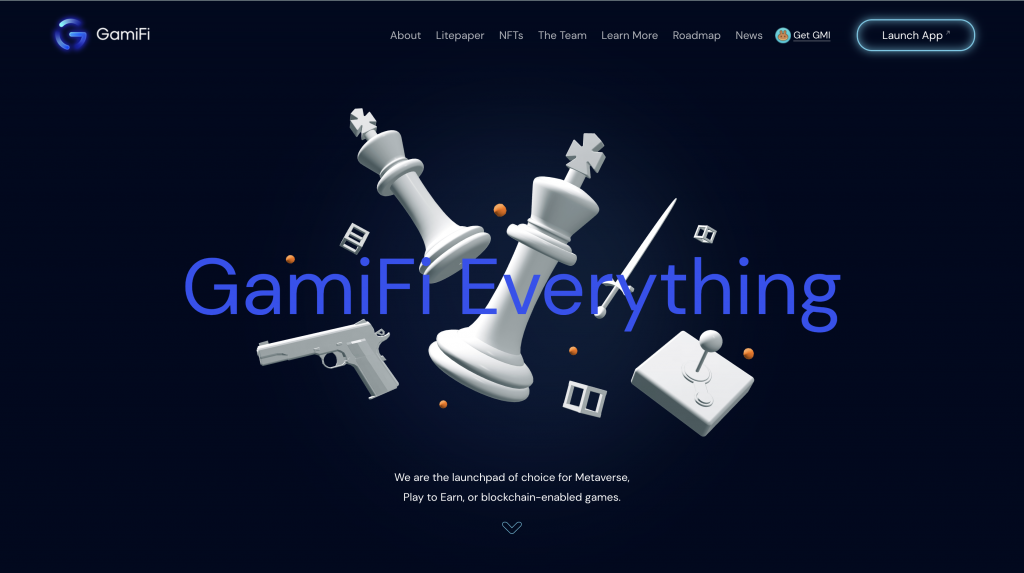 Gamifi landing page featuring 3D graphic of chess pieces, a gun and a gamepad floating in space, with the text GamiFI Everything overlayed on top