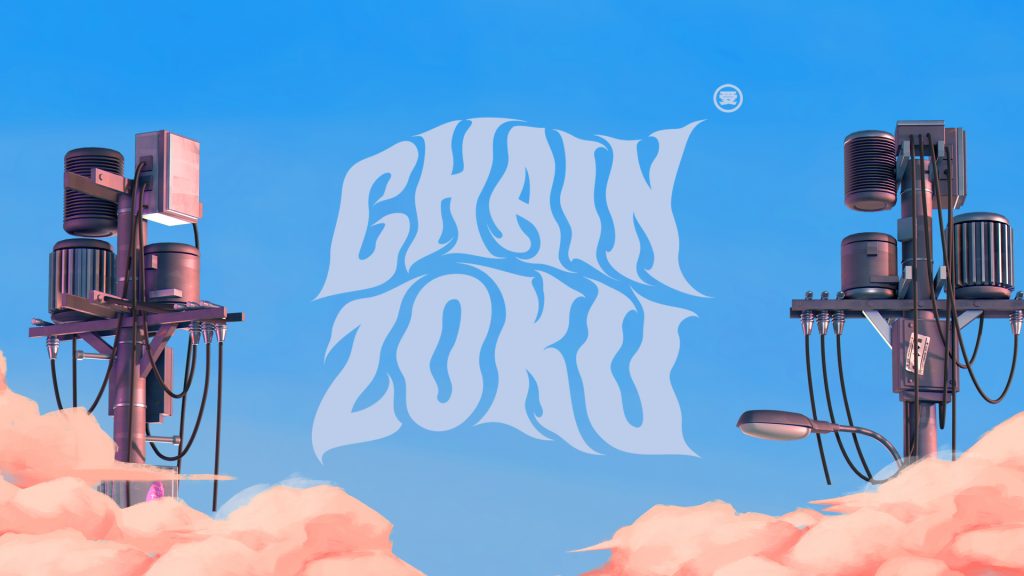 Chainzoku logo and landing page, a wavy almost heavy metal logo sits on a blue sky walled in by two electric pylons rising up from two clouds along the bottom of the screen