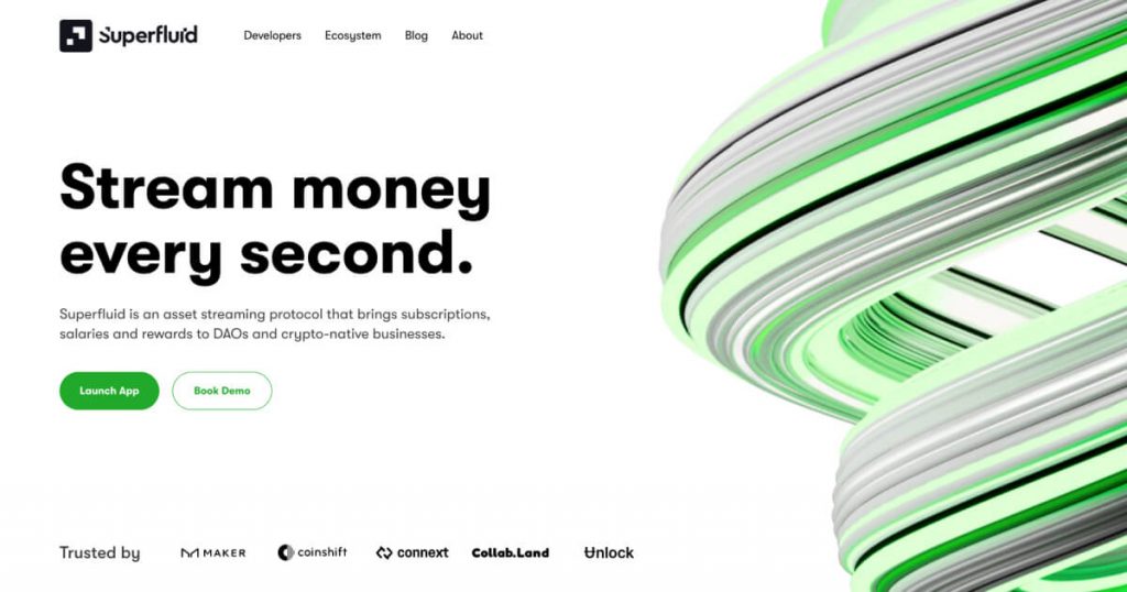 Superfluid landing page reads "Stream money every second. Superfluid is an asset streaming protocol that brings subscriptions, salaries and rewards to DAOs and crypto-native businesses"