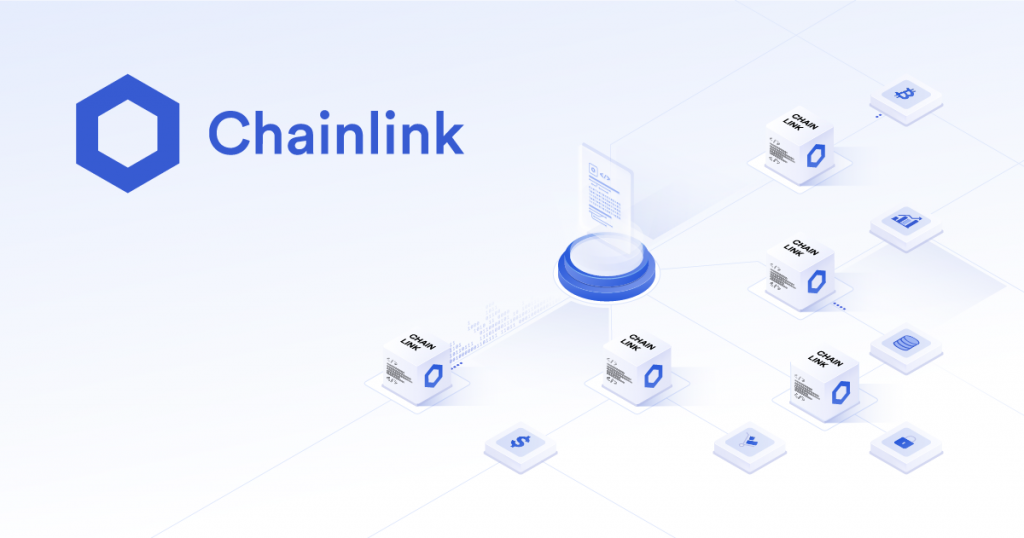 the chainlink logo on a white background with a graphic representation of chainlink linking to other blockchains