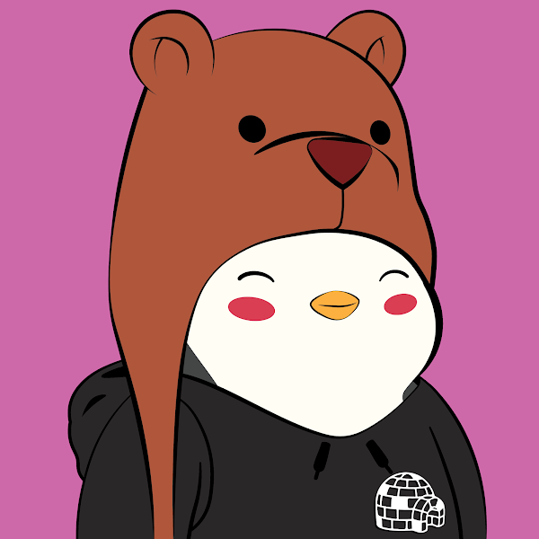 pudgy penguin with brown bear hat, pink background, rosy cheeks and black hoodie