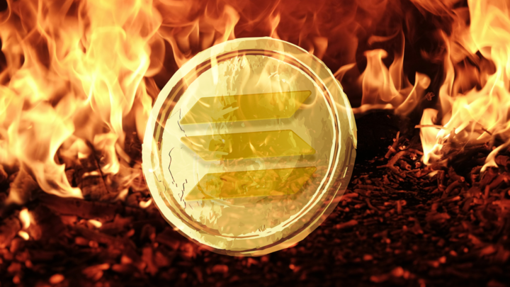 Solana coin bathed in flame signifying its status as the blazing champion hot on Ethereum's heels